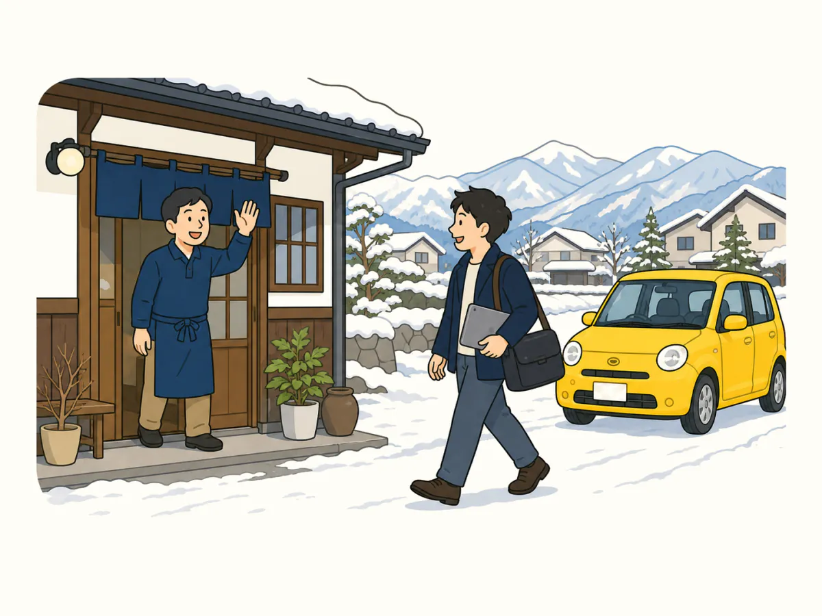 雪の残る北信の商店へ担当者が黄色い車で訪れ、店主が笑顔で迎えるイラスト
