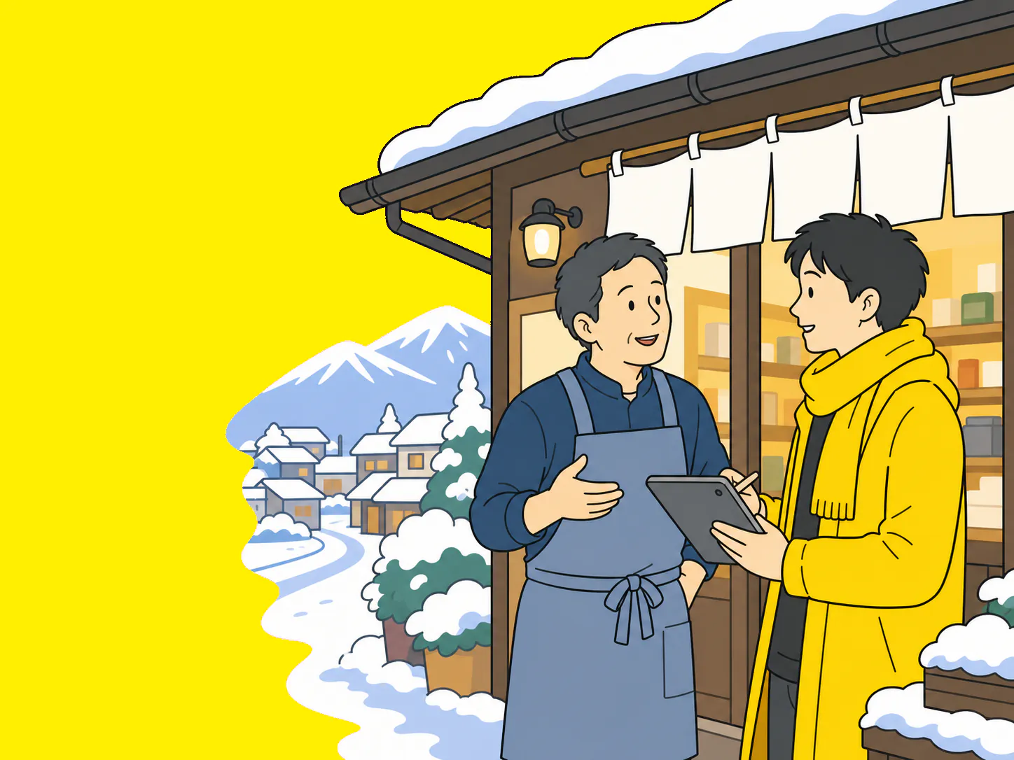 雪の積もる北信のお店の軒先で、店主とのきさきウェブの担当者が話しているイラスト