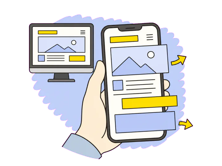 パソコンでは整っているホームページが、スマートフォンでは崩れて表示されるイラスト