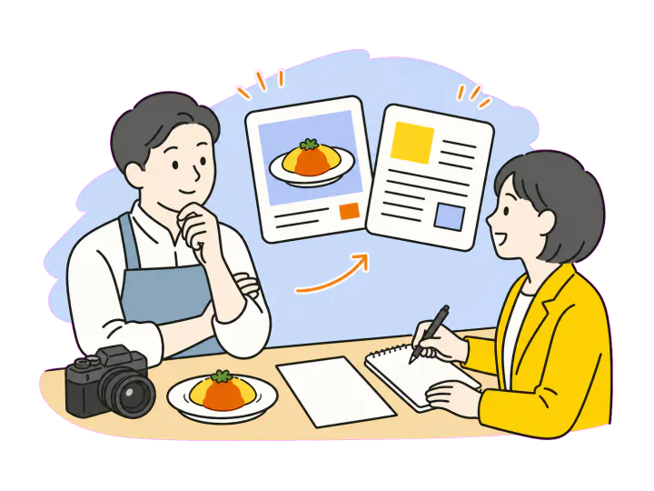 店主との会話をもとに、担当者が写真と文章を形にしているイラスト