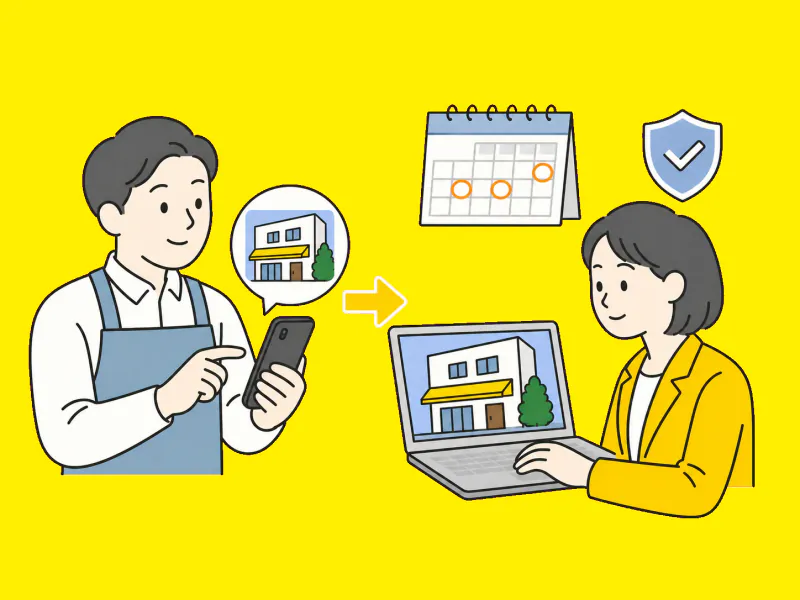 店主がスマートフォンから送った写真を、担当者がパソコンで更新するイラスト