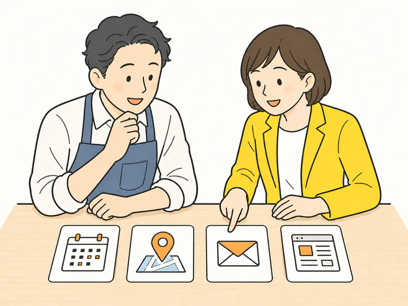 店主と担当者が、予約、地図、メール、ページ追加のカードを見ながら必要な機能を相談するイラスト